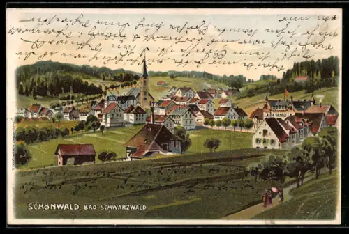 Künstler-AK Schönwald /Bad. Schwarzwald, Ortsansicht mit Kirche und Eingangsstrasse