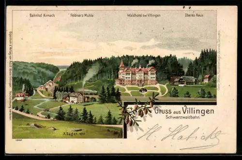 Lithographie Villingen, Bahnhof Kirnach, Feldners Mühle, Waldhotel bei Villingen, Oberes Haus