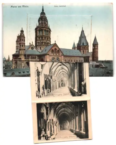 Leporello-AK Mainz /Rhein, Dom, Kreuzgang Südseite, Seitenschiff, Grablegung