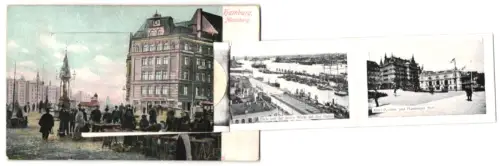 Leporello-AK Hamburg, Messeberg, Rathaus, Jungfernstieg, Hafenansicht