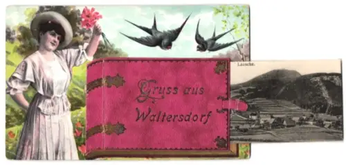 Leporello-AK Waltersdorf, Lausche, Ortsansicht aus der Vogelschau