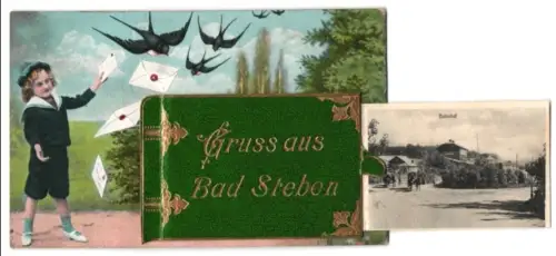 Leporello-AK Bad Steben, Kurhotel, Parkschloss, Bahnhof, Kath. Kirche