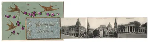 Leporello-AK Aachen, Hauptbahnhof mit Kriegerdenkmal, Kurhaus, Theater mit Kaiser Wilhelm-Denkmal