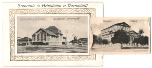 Leporello-AK Darmstadt, Hauptbahnhof, Ernst Ludwig Platz mit Strassenbahn, Hoftheater