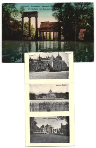 Leporello-AK Potsdam, Ruinenberg, Schloss Sanssouci, Neues Palais, Marmorpalais, Orangerie