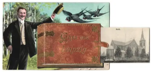 Leporello-AK Leipzig, Kirche, Schloss Dorp, Dorfplatz mit Strassenbahn