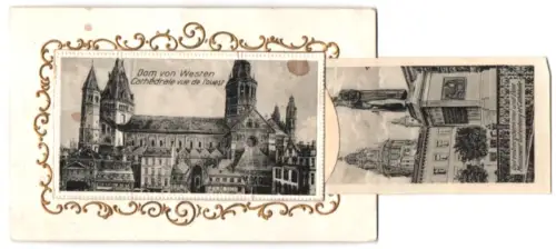 Leporello-AK Mainz, Gutenbergdenkmal und Dom, Eisenbahnbrücke, Blick vom Stephansturm