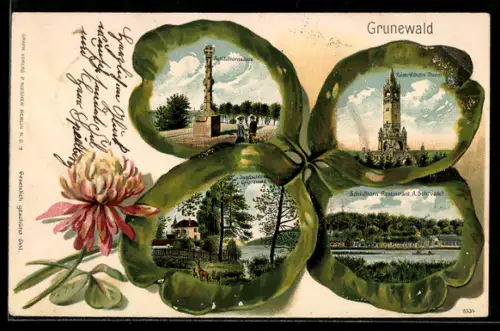 Passepartout-Lithographie Grunewald, Schildhornsäule, Kaiser-Wilhelm-Turm, Jagdschloss, Restaurant A. Schröder