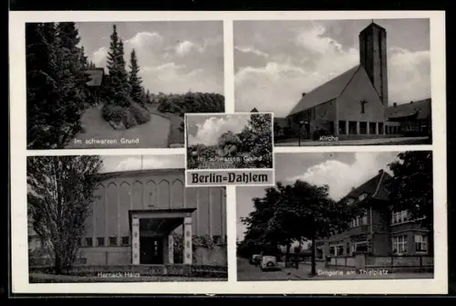 AK Berlin-Dahlem, Im schwarzen Grund, Kirche, Harnack Haus, Drogerie am Thielplatz