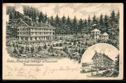Lithographie Freudenstadt, Hotel und Wald-Café Stokinger im Palmenwald