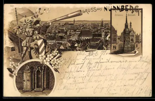 Lithographie Nürnberg, Schöner Brunnen, Eiserne Jungfrau, Ortspanorama