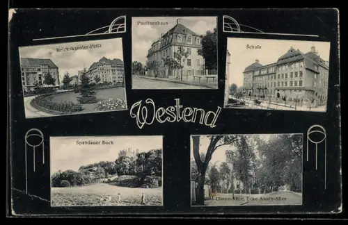 AK Berlin-Westend, Reichskanzler-Platz, Paulinenhaus, Schule, Spandauer Bock, Ulmen-Allee Ecke Ahorn-Allee