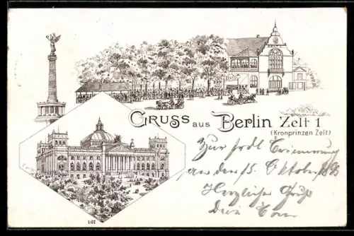 Lithographie Berlin-Tiergarten, Kronprinzen Zelt 1, Siegessäule, Reichstagsgebäude