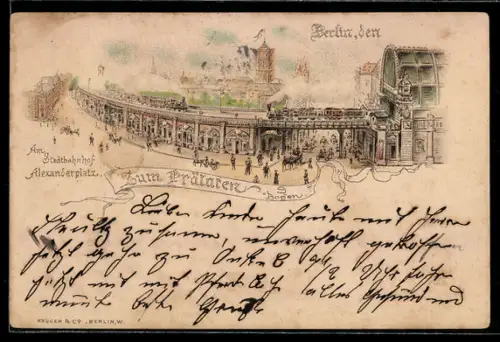 Lithographie Berlin, Stadtbahnhof Alexanderplatz, Gasthaus Zum Prälaten