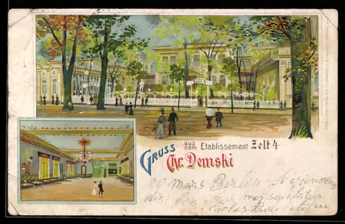 Lithographie Berlin-Tiergarten, Etablissement Zelt 4, Chr. Demski