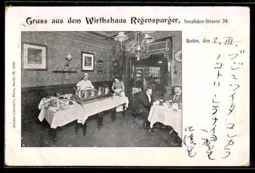 AK Berlin, Wirthshaus Regensburger, Invaliden-Strasse 38, Innenansicht mit Personal und Gästen
