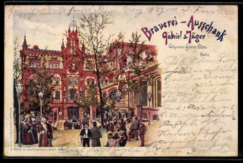 Künstler-AK Berlin, Brauerei-Ausschank Gabriel & Jäger, Oekonom Gustav Kloss, Zehdenicker Strasse 10