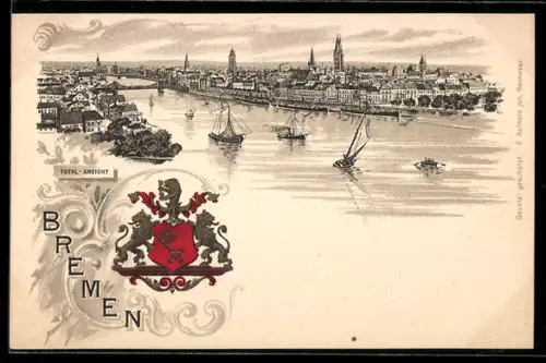 Lithographie Bremen, Total-Ansicht mit Wappen