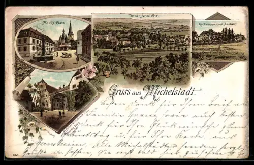 Lithographie Michelstadt, Marktplatz, Total-Ansicht, Kaltwasserheilanstalt