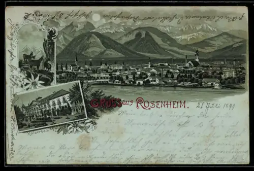 Mondschein-Lithographie Rosenheim, Ortsansicht, Kaiserbad