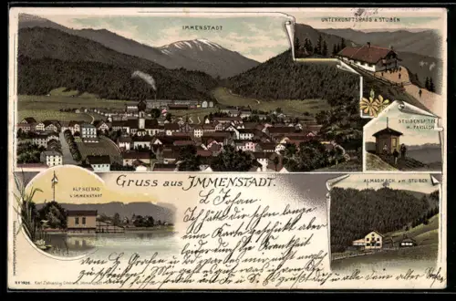 Lithographie Immenstadt, Alpseebad, Unterkunftshaus Stuiben, Almagmach