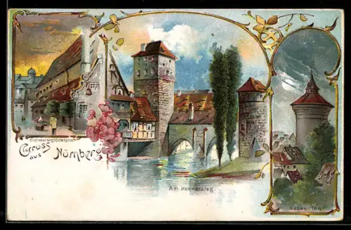 Lithographie Nürnberg, Am Henkersteg, Neues Thor, Bratwurstglöcklein