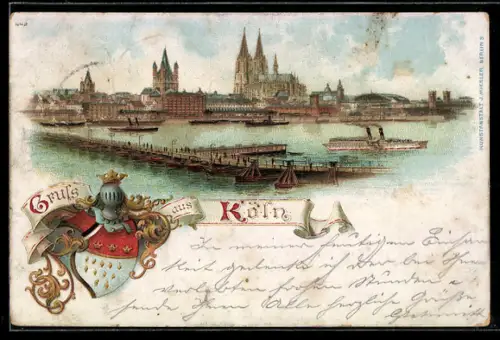 Lithographie Köln, Dom, Rheinpanorama, Schiffsanleger