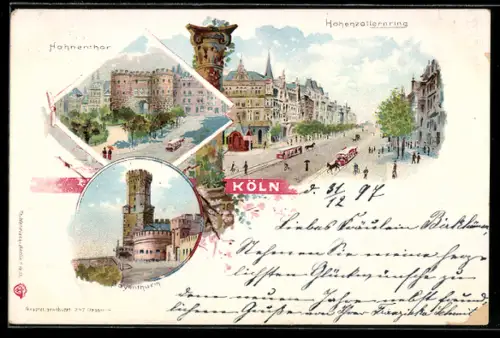 Lithographie Köln, Hohenzollernring, Hahnentor, Bayenturm
