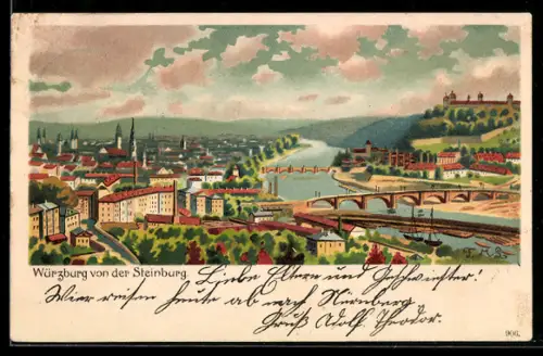 Lithographie Würzburg, Blick von der Steinburg auf Stadt und Mainbrücken