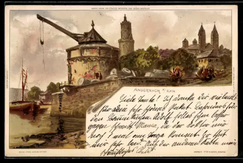 Lithographie Andernach a. Rh., Alter Krahn, Rheinufer