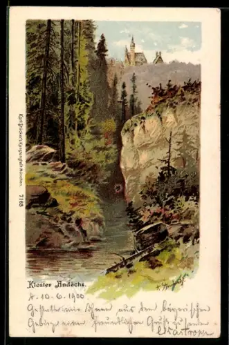 Lithographie Andechs, Kloster Andechs, Flusspartie