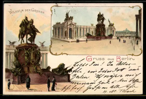 Lithographie Berlin, Reiterstandbild Wilhelm der Grosse, Nationaldenkmal am Schloss