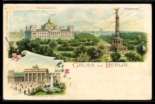 Lithographie Berlin-Tiergarten, Reichstagsgebäude, Siegessäule, Brandenburger Tor