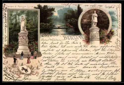Lithographie Berlin-Tiergarten, Denkmal Königin Luise, Denkmal Friedrich Wilhelm III., Löwenbrücke