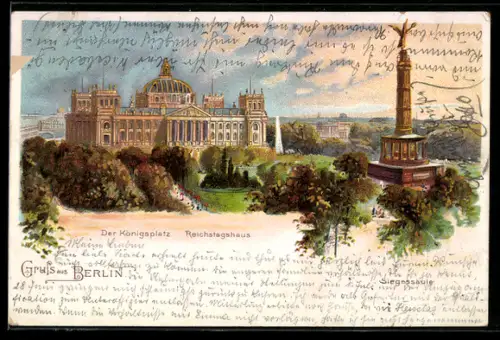 Lithographie Berlin-Tiergarten, Königsplatz, Reichstagshaus, Siegessäule