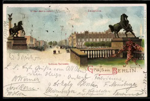 Lithographie Berlin, Unter den Linden, Zeughaus, Schloss-Terrasse