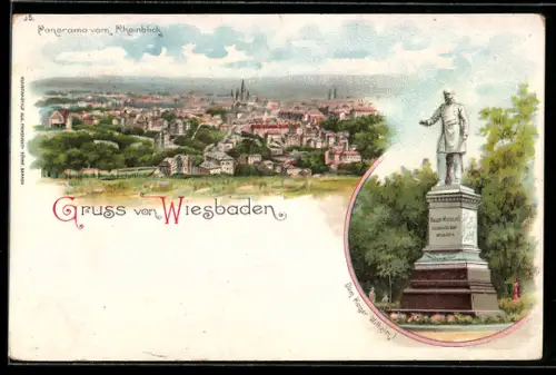 Lithographie Wiesbaden, Panorama vom Rheinblick, Kaiser Wilhelm I.-Denkmal