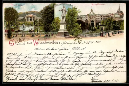 Lithographie Wiesbaden, Kurhaus, Kochbrunnen, Kaiser Wilhelm Denkmal