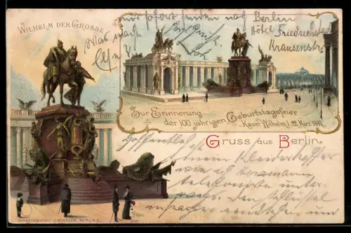 Lithographie Berlin, 100. Geburtstagsfeier Kaiser Wilhelm I. 1897, Kaiser-Wilhelm-Denkmal, Schlossplatz