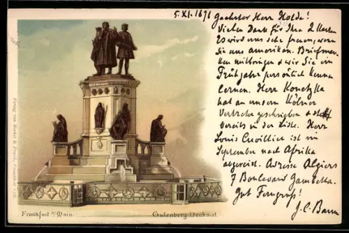 Lithographie Frankfurt a. Main, Gutenberg-Denkmal