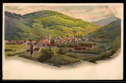 Lithographie Todtnau, Gesamtansicht des Ortes im Tal