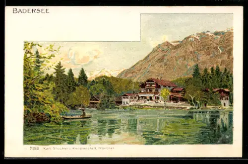 Lithographie Badersee, Seeansicht mit Gasthäusern und Boot