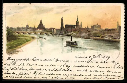 Lithographie Dresden, Altstadt, Elbbrücke, Frauenkirche, Schiffsverkehr