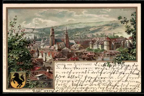 Lithographie Stuttgart, Stadtansicht mit Stiftskirche und Altem Schloss