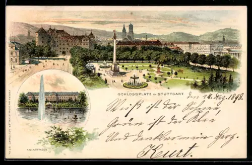 Lithographie Stuttgart, Schlossplatz, Anlagensee