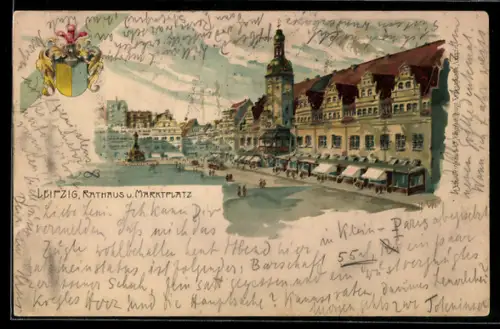 Lithographie Leipzig, Rathaus, Marktplatz