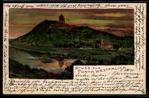 Lithographie Porta Westfalica, Wittekindsberg in der Westfälische Pforte