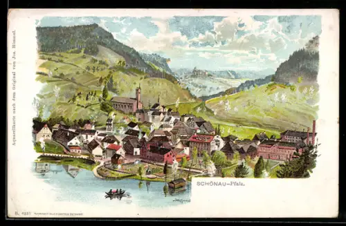 Lithographie Schönau /Pfalz, Ortsansicht mit Kirche und See