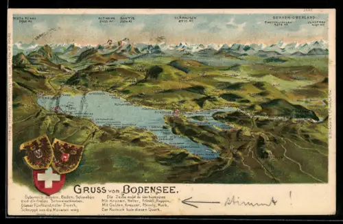 Lithographie Konstanz /Bodensee, Panorama mit Alpenkette und Wappen