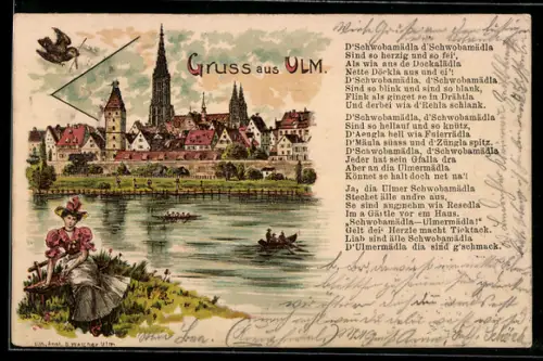 Lithographie Ulm /Donau, Ortsansicht mit Münster und Donau
